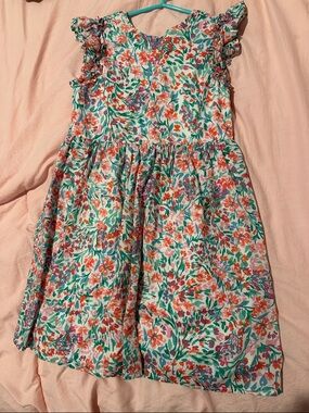 J. Crew Floral Ruffle Sleeve Cotton Dress in Teal, Coral & Purple